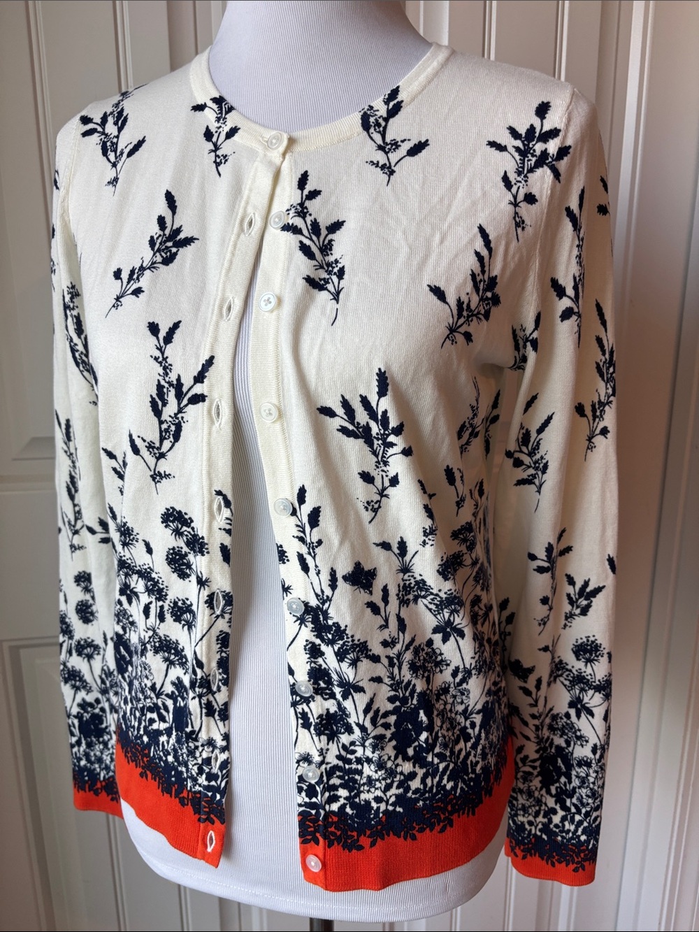 Talbots Cream Cardigan with Navy Floral Print and Orange Hem